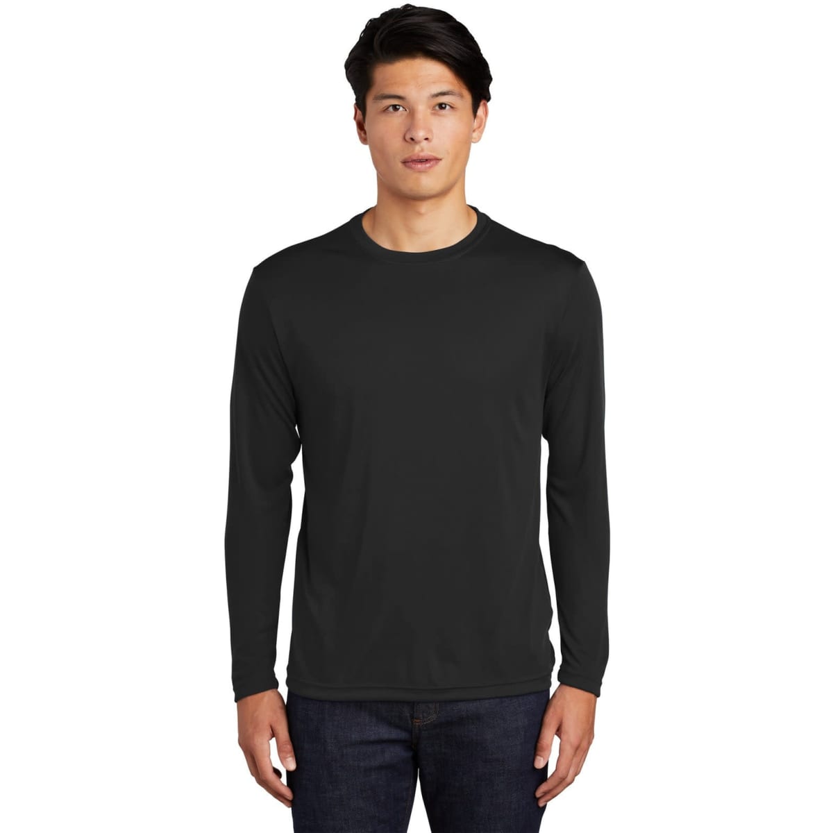 A long sleeve black t-shirt featuring a logo, made from PosiCharge fabric for enhanced durability.