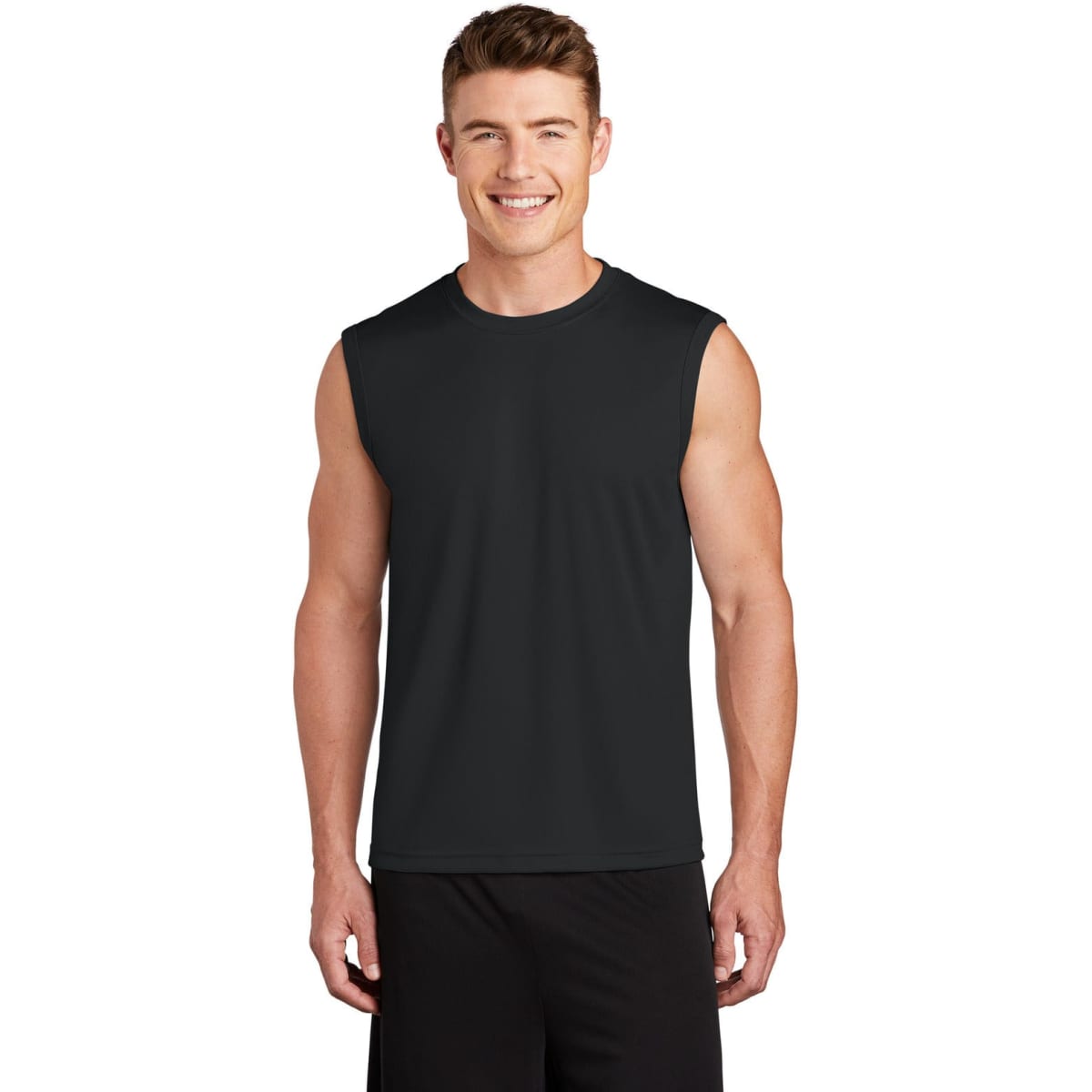 A sleeveless black athletic tee is worn by a smiling man, featuring a logo on the front.