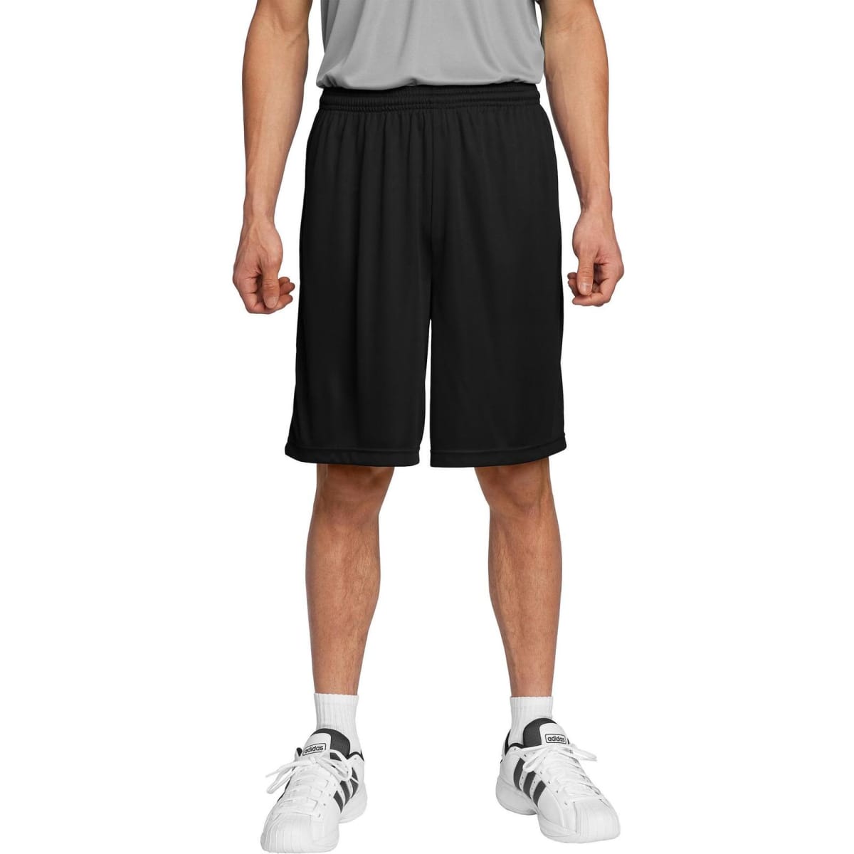 Black sports shorts with an elastic waistband, featuring a logo on the side. Suitable for athletic wear.