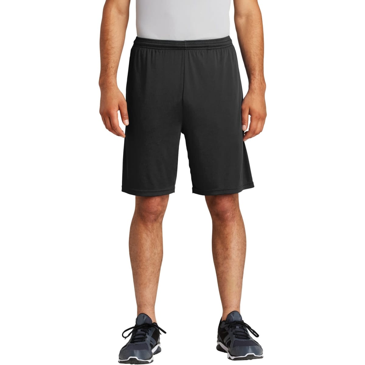 Black athletic shorts with a pocket, featuring an elastic waistband and a logo.