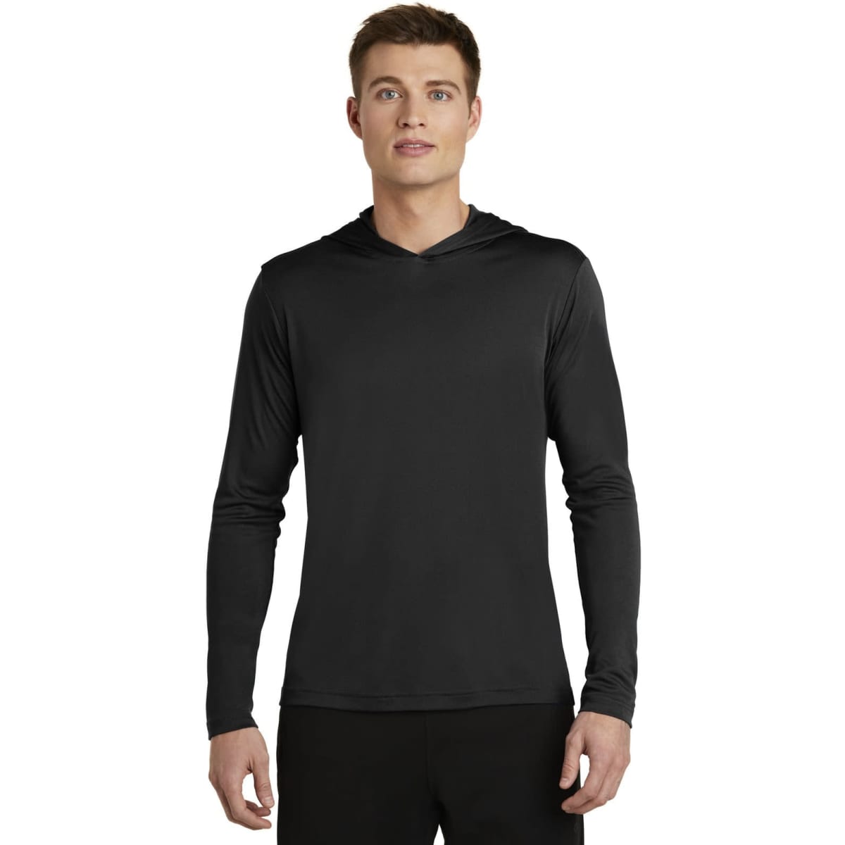 A black hooded pullover featuring long sleeves, with a logo on the front. Suitable for activewear.
