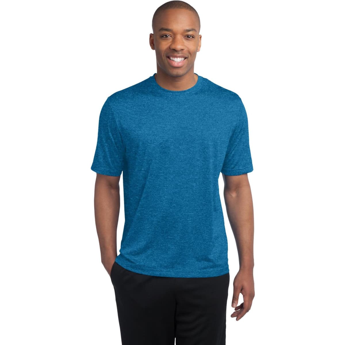 A man wearing a blue heather T-shirt, with short sleeves, featuring a logo on the front.