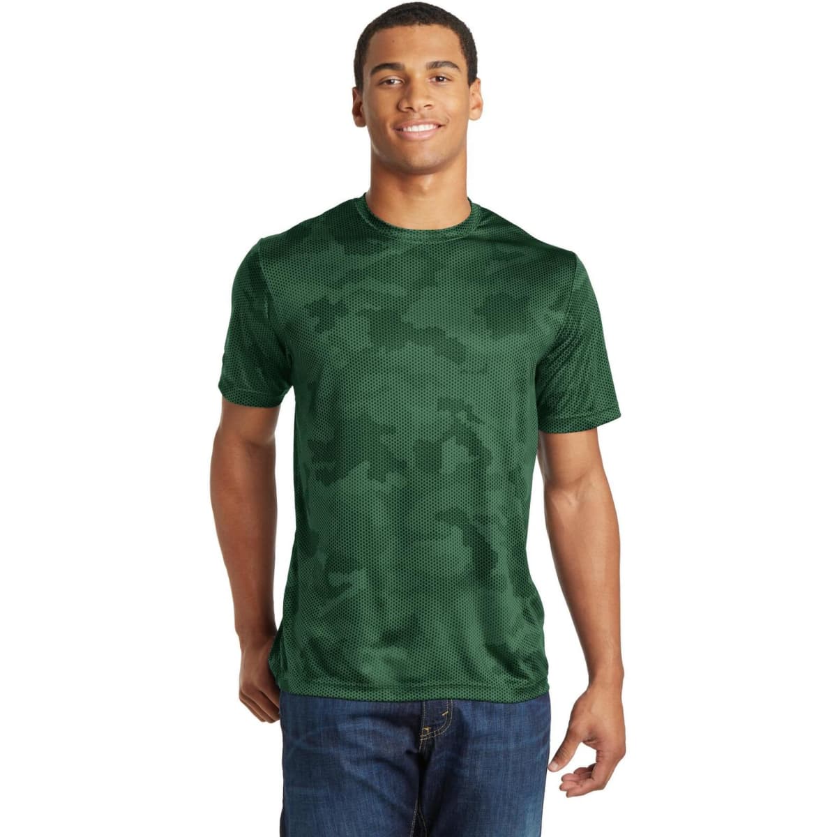 A green camouflage short-sleeve t-shirt displayed on a model. The shirt features a logo on the front.