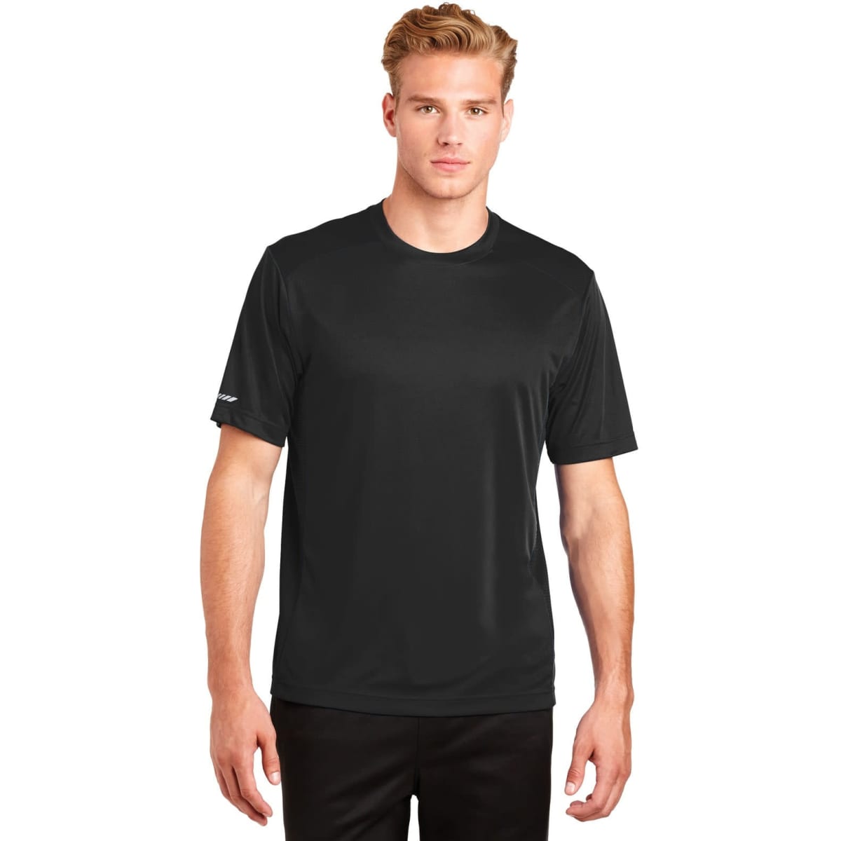 A black Sport-Tek PosiCharge Elevate Tee displayed on a male model. The shirt features a logo on one sleeve.