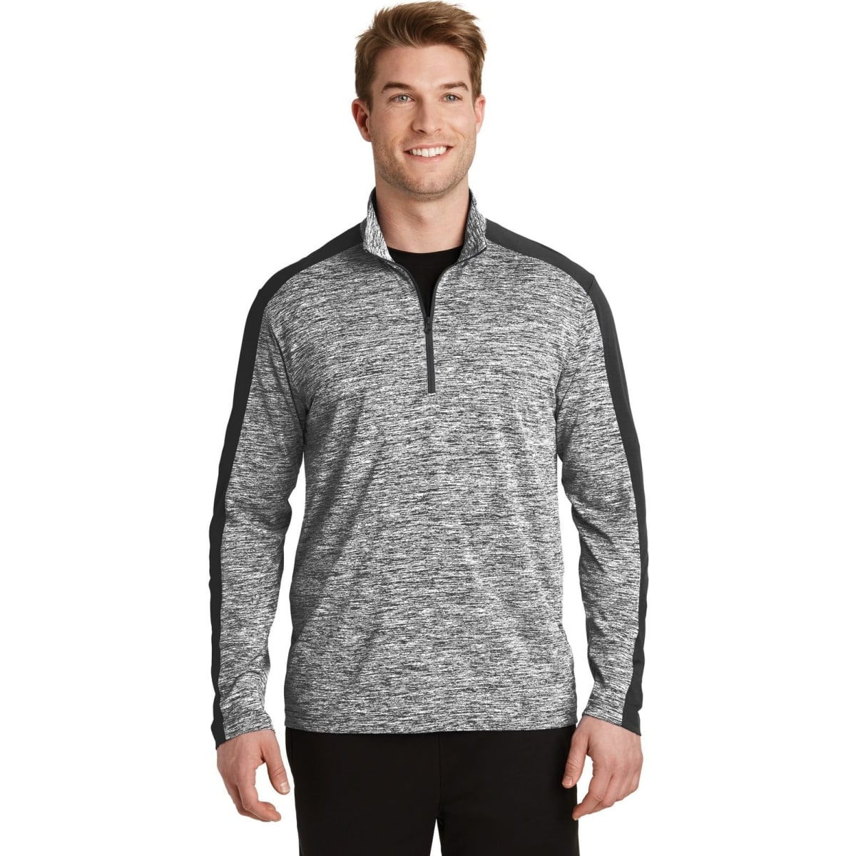 A grey and black 1/4-zip pullover featuring a heathered design and a logo on the chest.