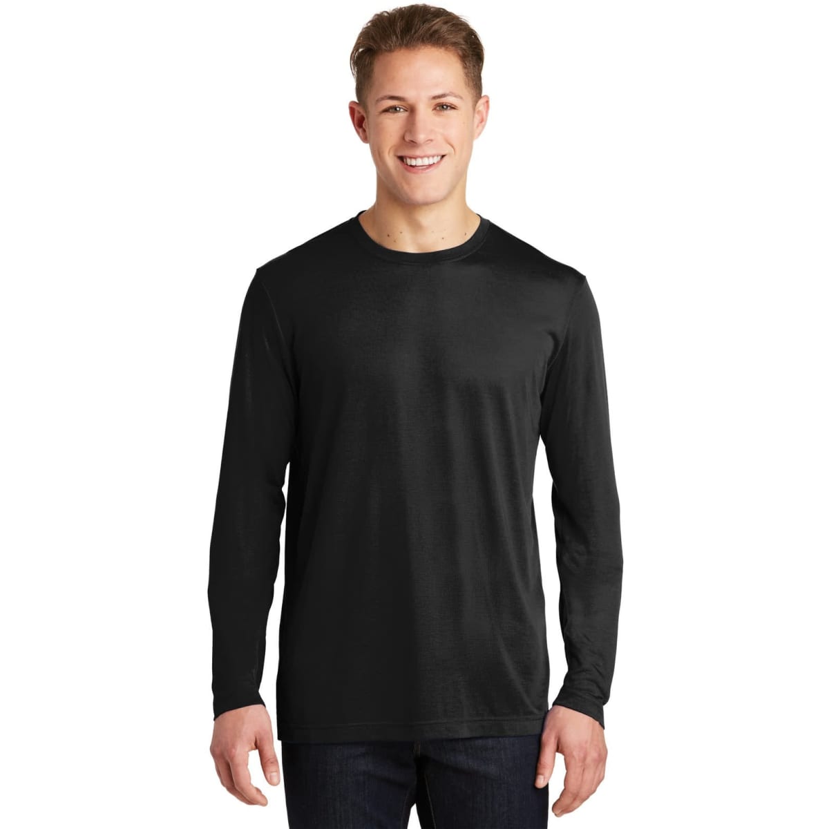 A black long sleeve t-shirt featuring a fitted design and a branding logo. Suitable for casual wear.