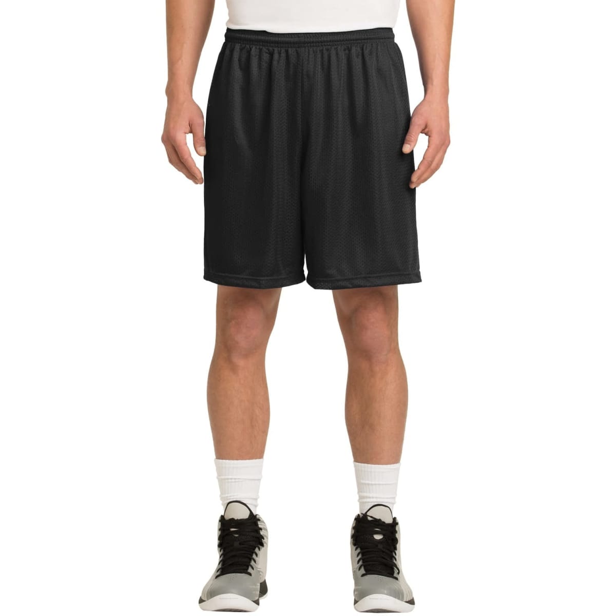 Black sports shorts featuring a classic mesh design, with an elastic waistband and a logo present.
