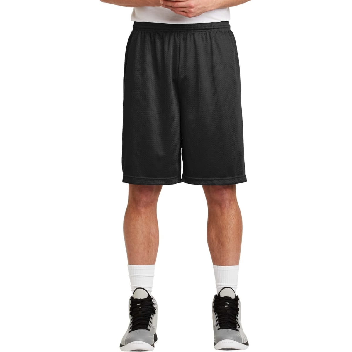 A pair of black mesh sports shorts with an elastic waistband and a logo. Suitable for athletic activities.