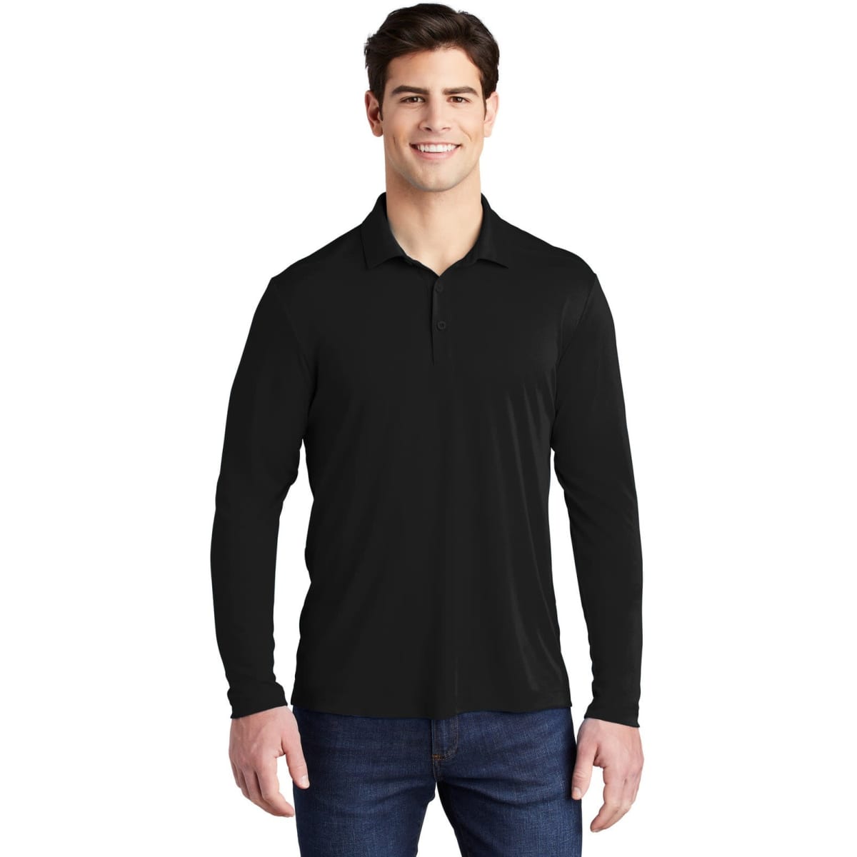 A black long sleeve polo shirt displayed on a male model, featuring a collar and a logo.
