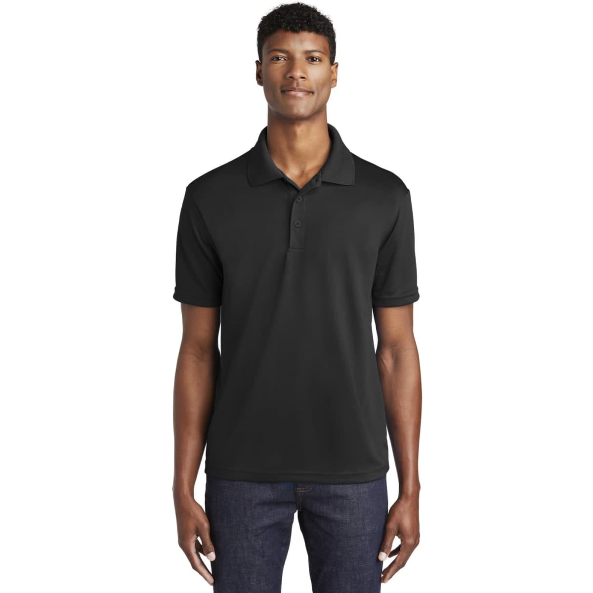 A black Sport-Tek PosiCharge RacerMesh Polo shirt on a model, featuring a classic polo collar and short sleeves.