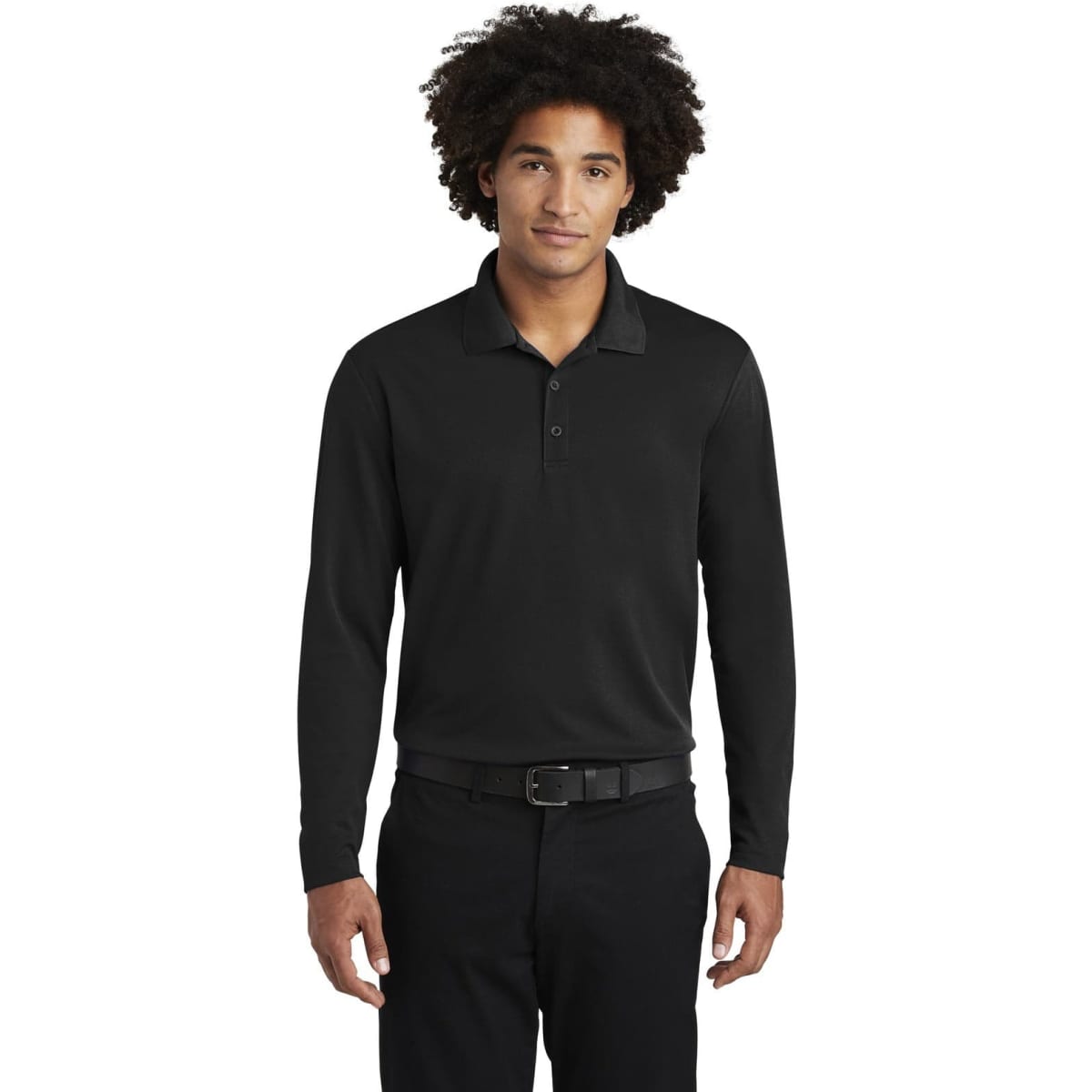 A black long sleeve polo shirt featuring a collar and buttons, worn by a model. It includes a logo.