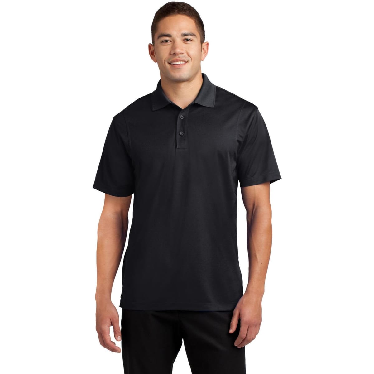 A black polo shirt featuring a collar, short sleeves, and a logo on the chest. Suitable for casual or professional wear.