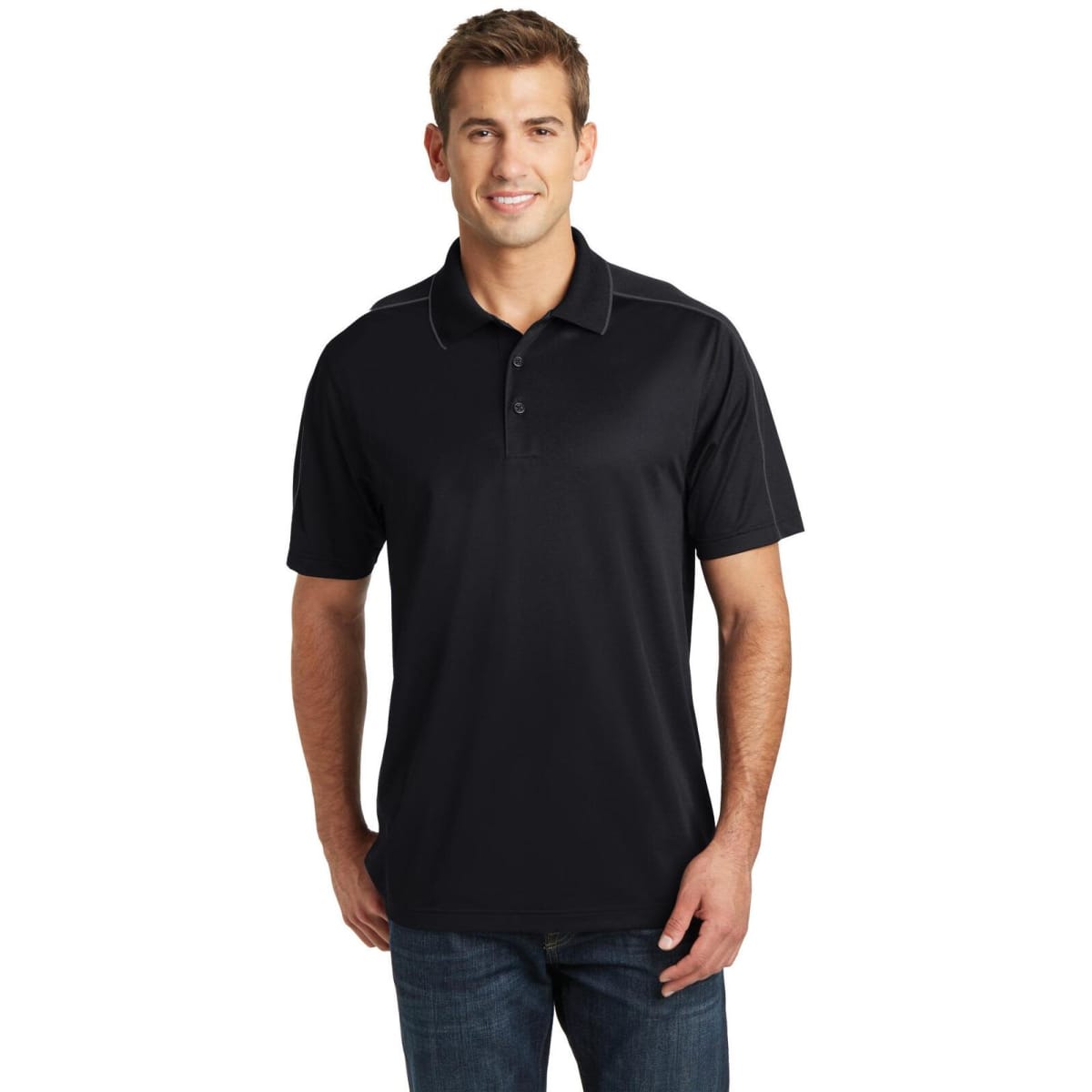 A man is wearing a black Sport-Tek Micropique Sport-Wick piped polo shirt, featuring a logo on the chest.