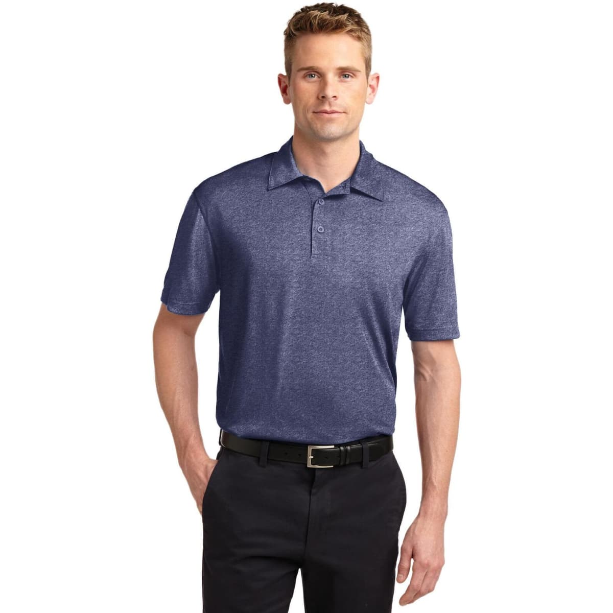 A man wearing a dark navy heather polo shirt, paired with black trousers. The shirt features a collar and logo.