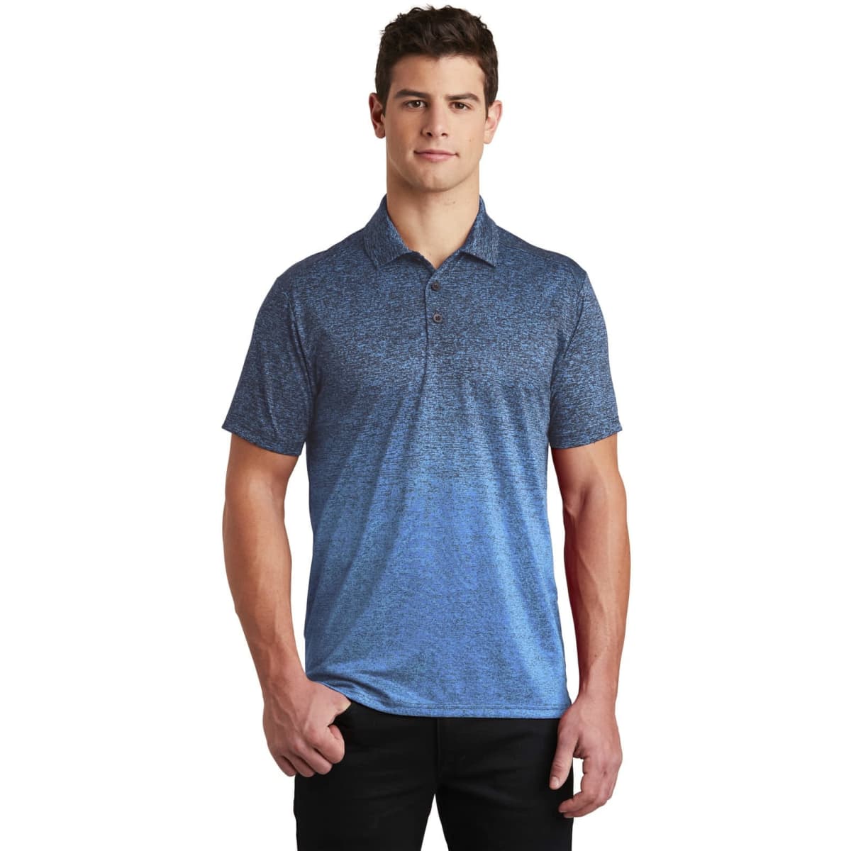A blue ombre heather polo shirt for men featuring a collar and short sleeves. It has a logo on the chest.