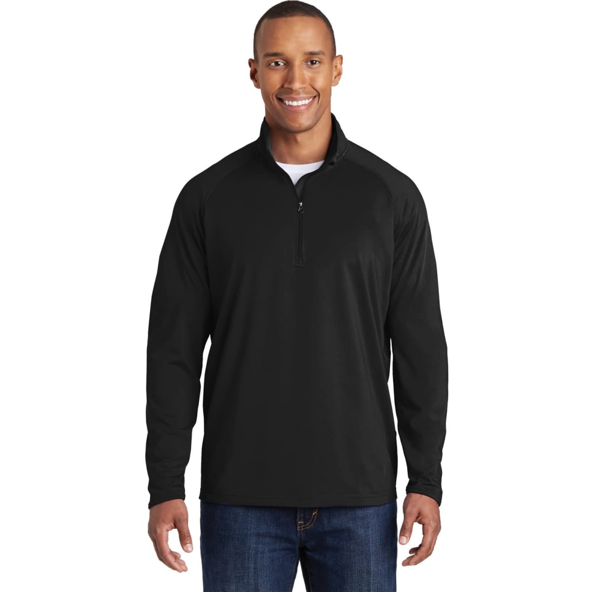 A black Sport-Tek Sport-Wick Stretch 1/2-zip pullover worn by a smiling man. Features a logo on the chest.