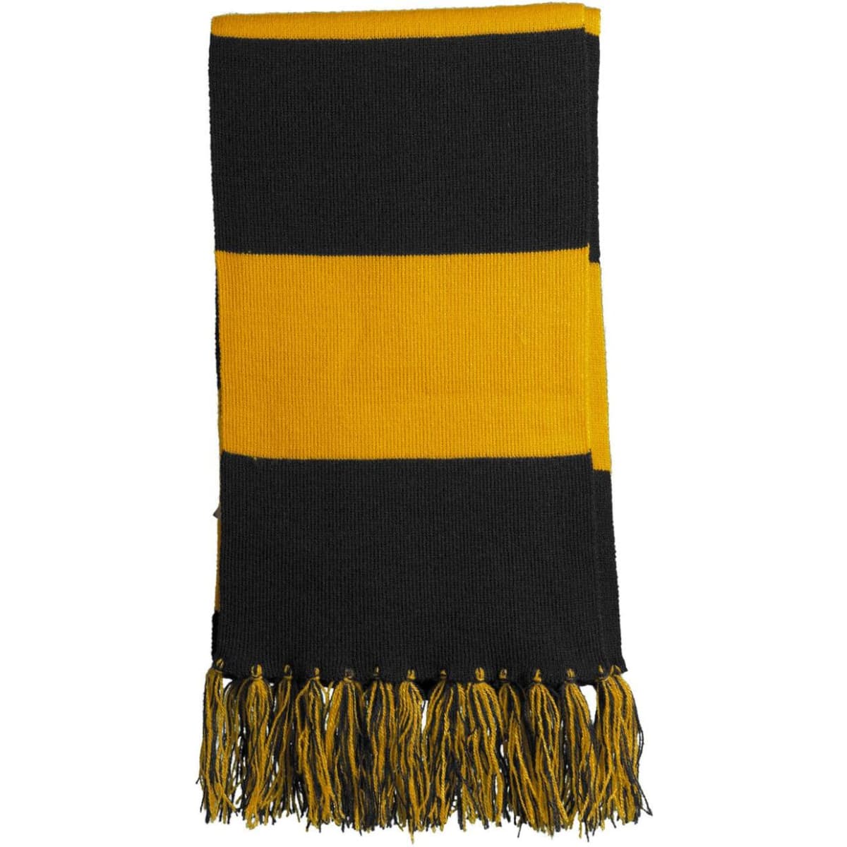 A striped scarf in black and gold, featuring fringed edges and a logo.