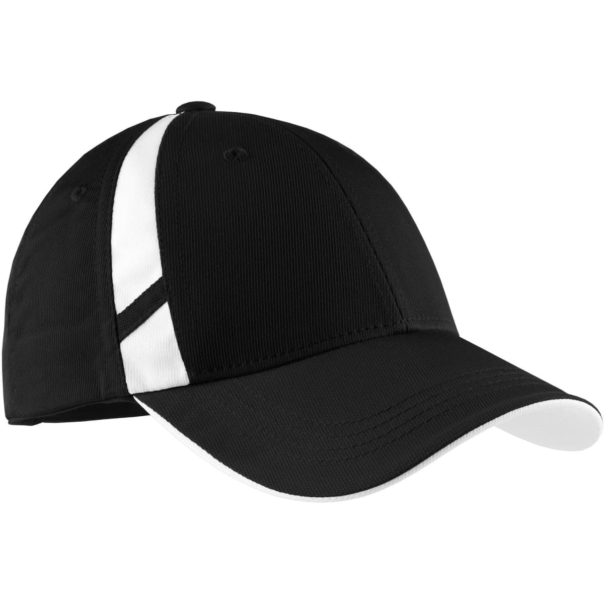 A black cap with white mesh inset detailing and a white brim, featuring a logo on the front.