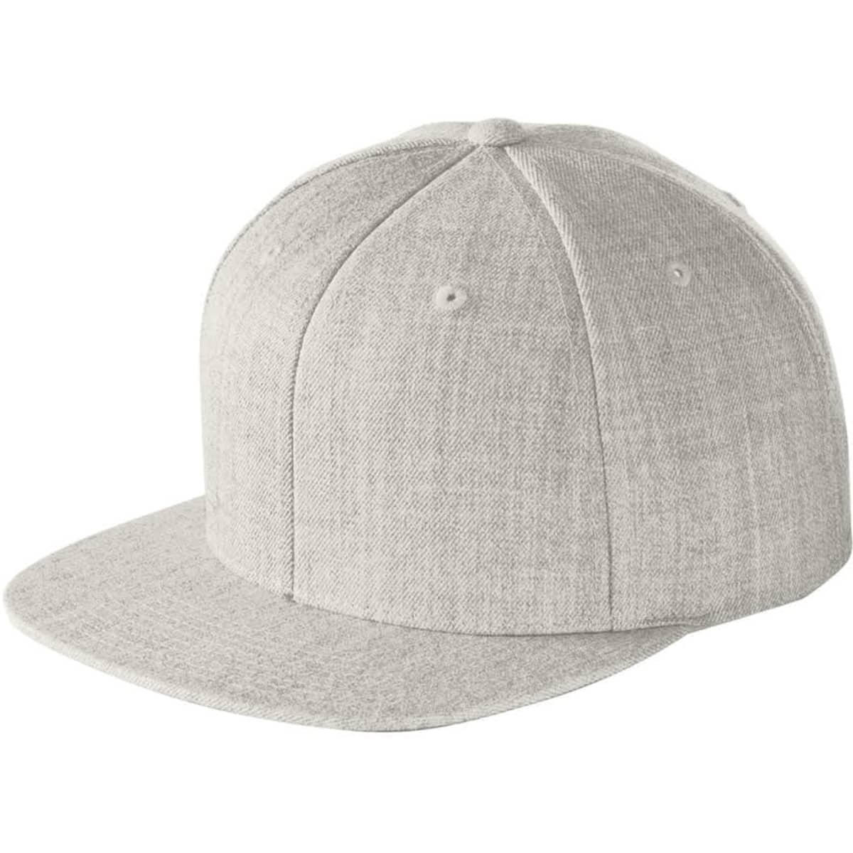 A grey flat bill snapback cap with a fitted design and a logo on the front.