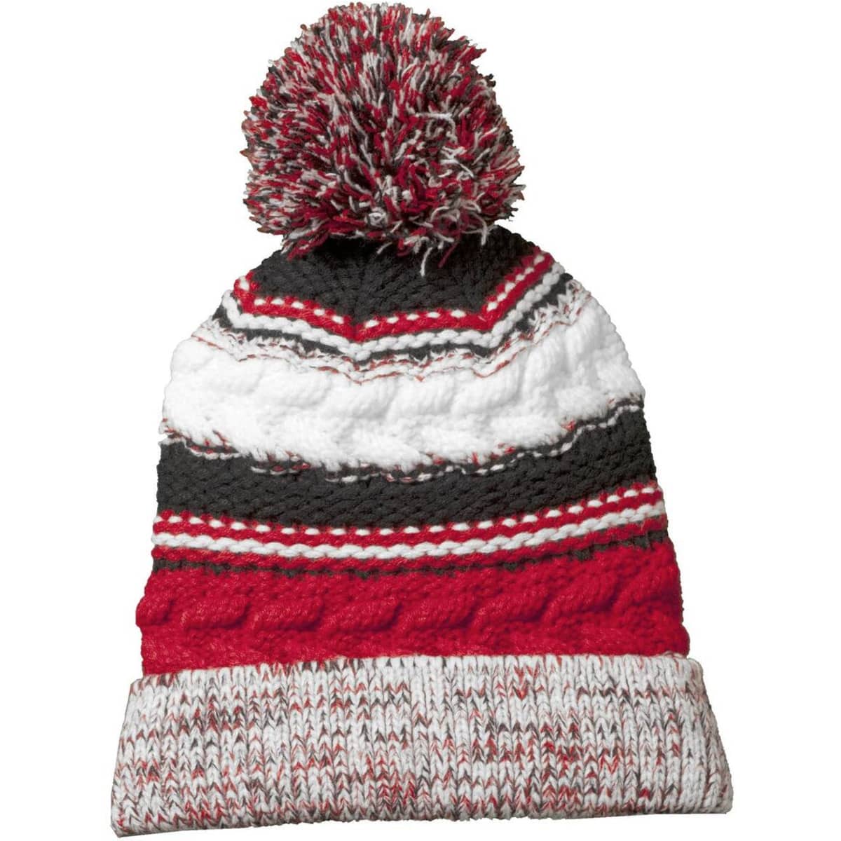 A beanie featuring red, white, and grey stripes with a pom pom on top and a textured knit design.
