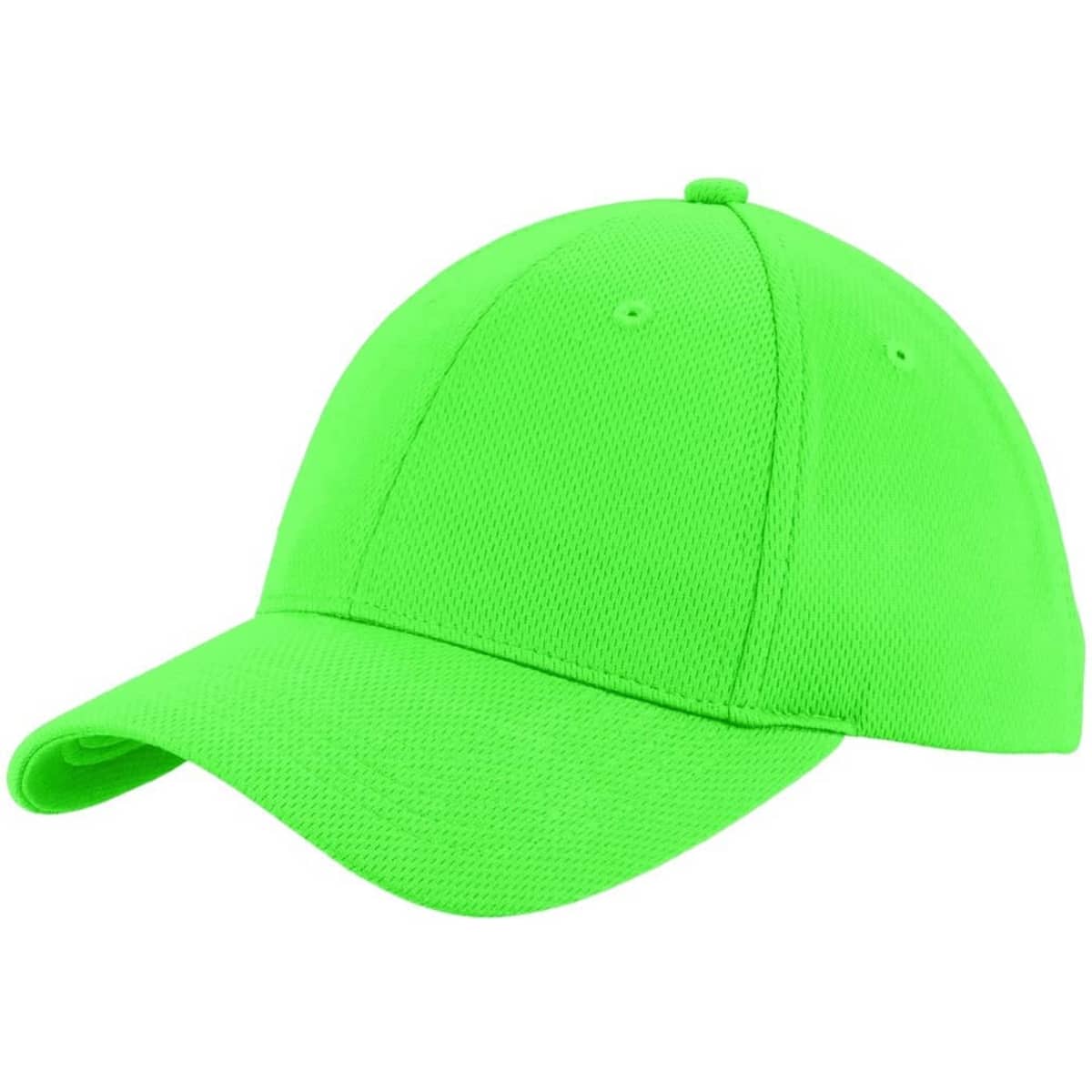 A bright green Sport-Tek PosiCharge RacerMesh cap featuring a structured design and a logo.