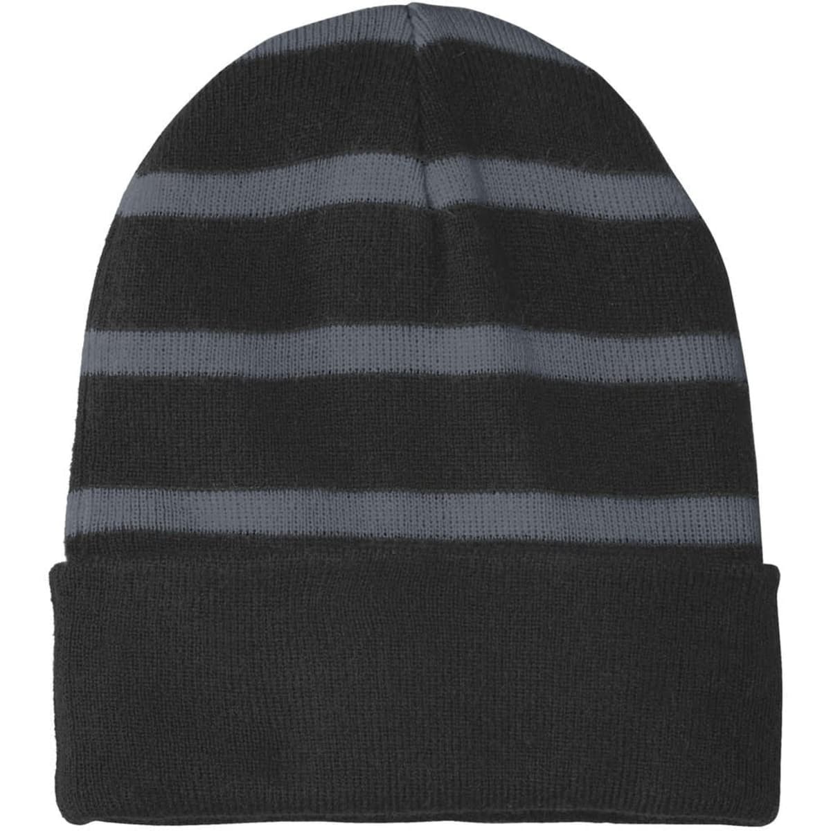 A black beanie with grey stripes and a solid black band, featuring a logo.