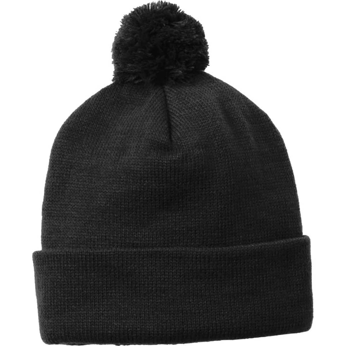 A black beanie featuring a fluffy pom pom on top and a folded cuff. Includes a logo.