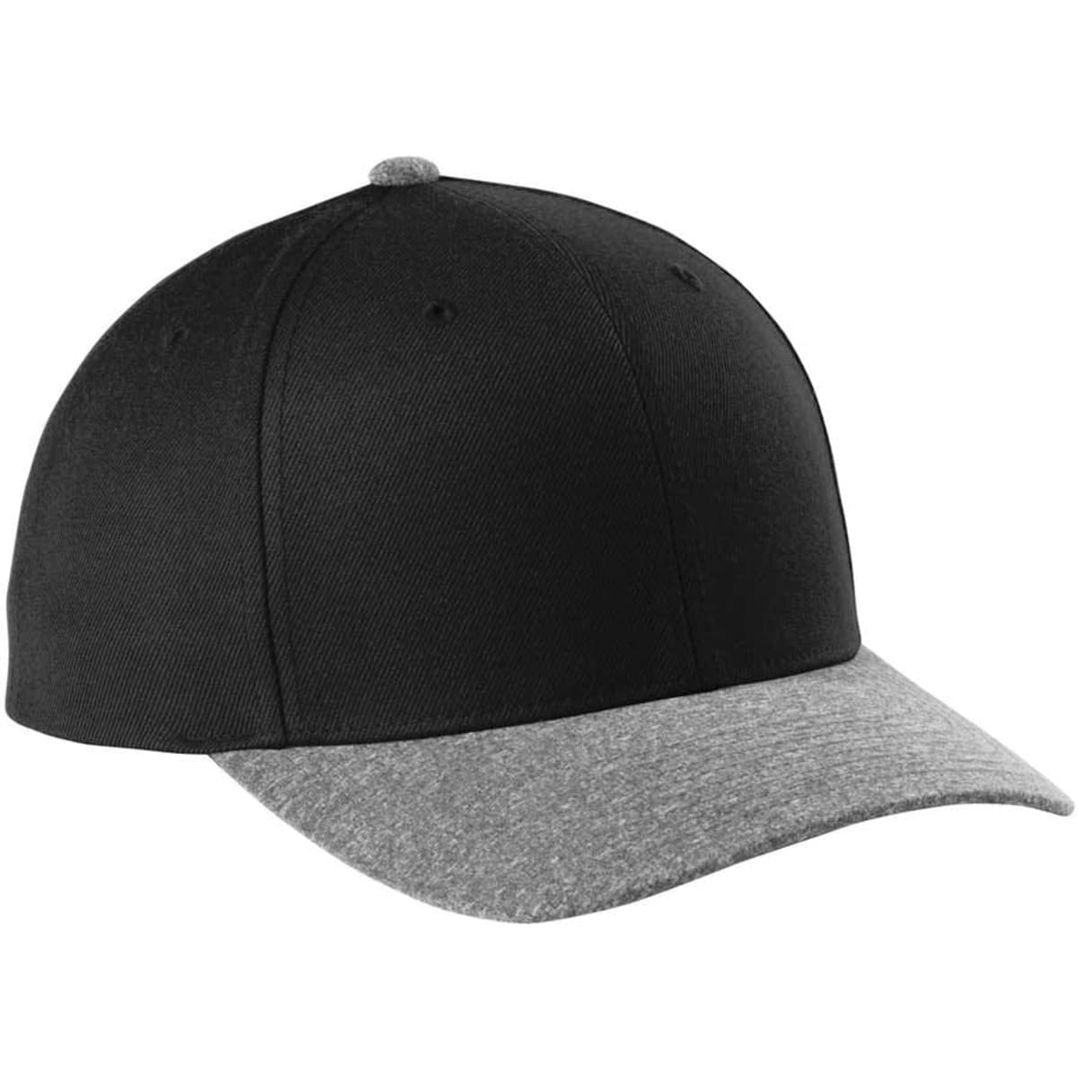 A black snapback cap with a grey curved bill and a logo on the front.