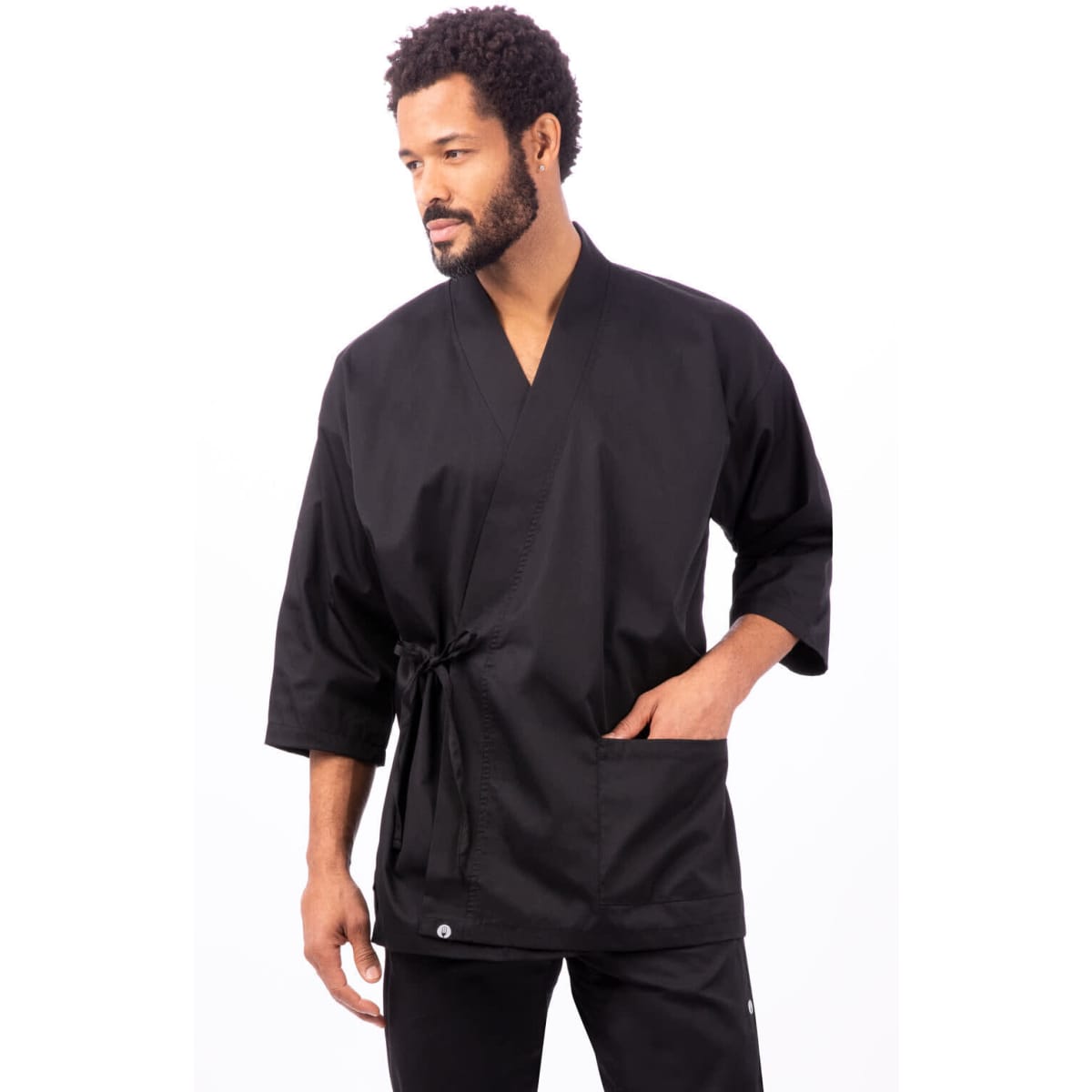 A black chef jacket with a wrap design, featuring three-quarter sleeves and a front pocket.