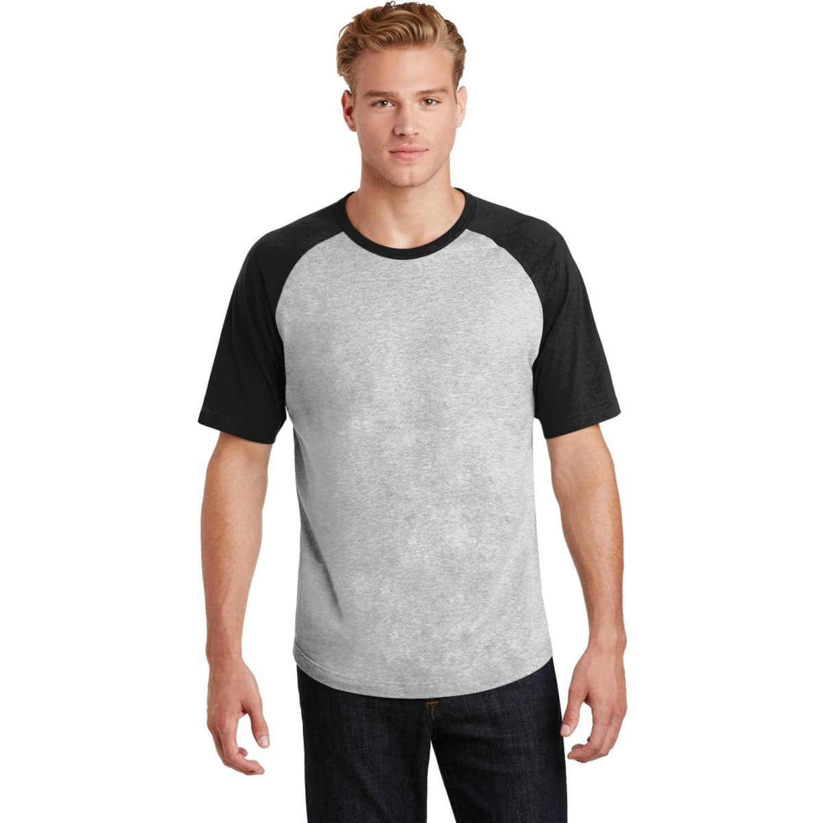A short sleeve colourblock raglan jersey featuring a grey body and black sleeves, displayed on a male model.