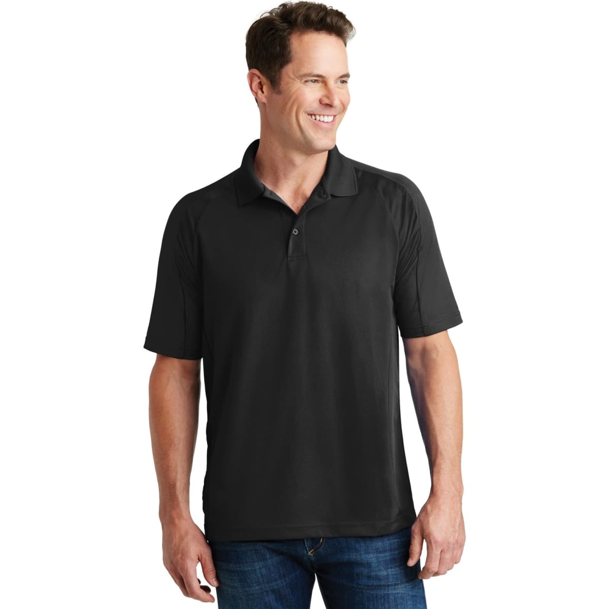 A black Sport-Tek Dri-Mesh Pro Polo shirt with short sleeves and a collar, featuring a logo.