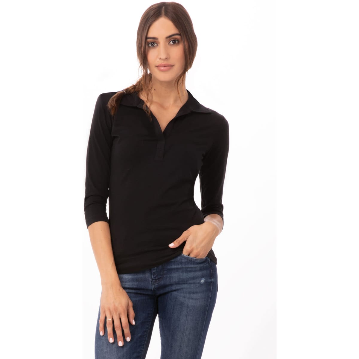 A black women's polo shirt with a collar and three-quarter sleeves, featuring a logo on the left side.