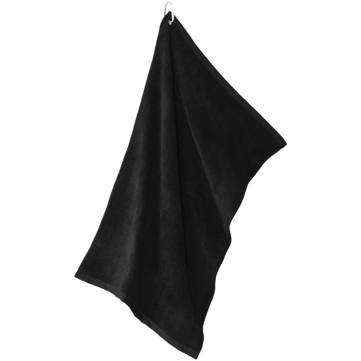 A black microfiber golf towel with a grommet and clip for easy attachment.