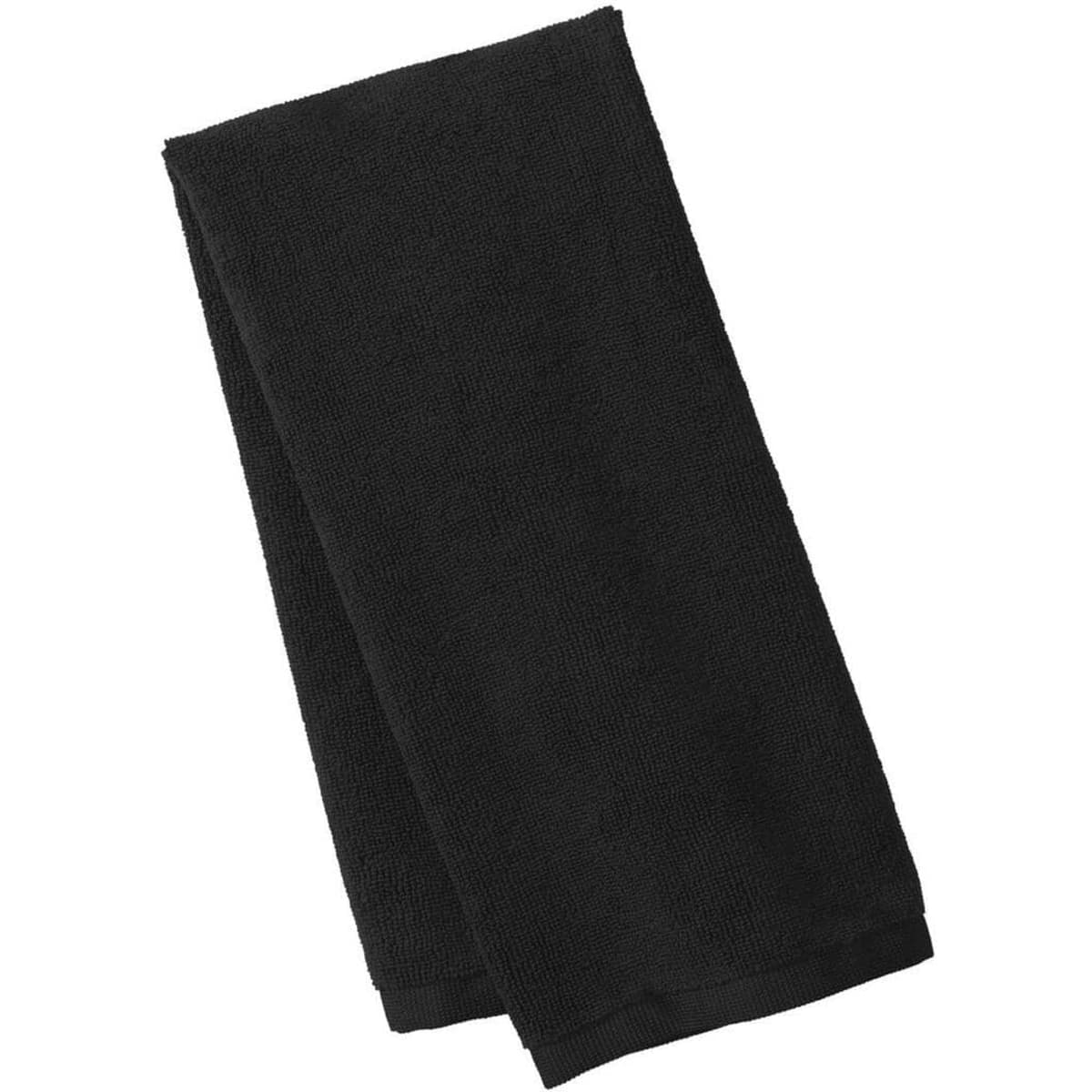 A black microfiber golf towel folded neatly, featuring a subtle logo on one corner.