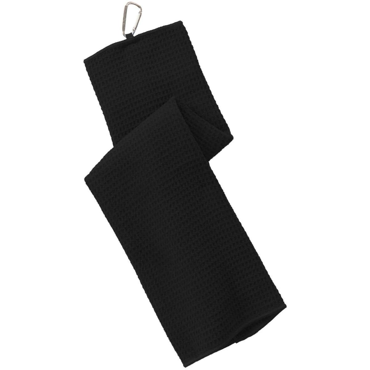 A black microfiber golf towel featuring a waffle texture and a carabiner clip for attachment.