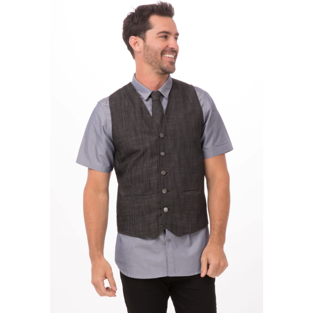 A man wears a charcoal grey vest over a light blue shirt, featuring a five-button front and slim fit.