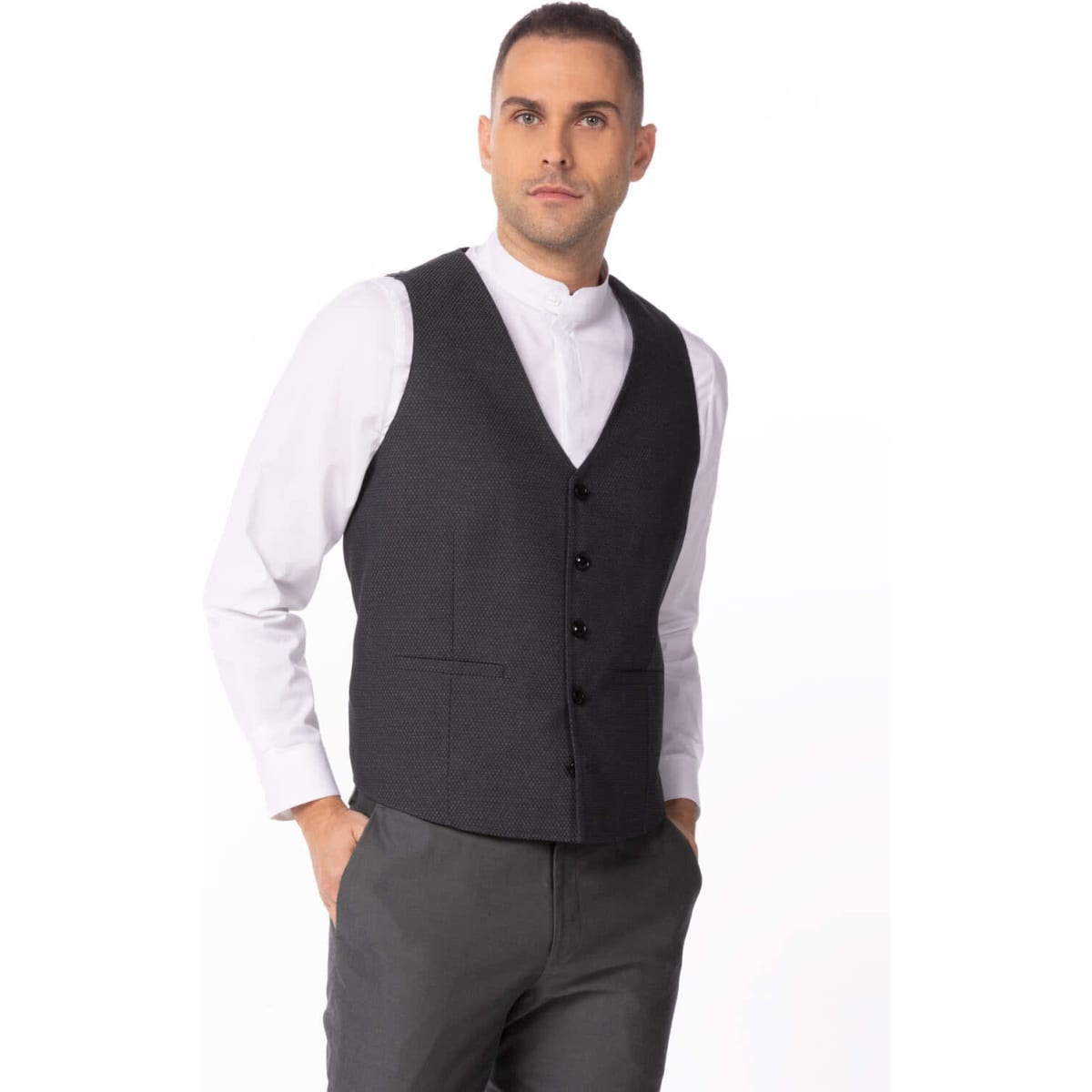 A grey men's vest featuring a button-up front and two pockets, styled with a white shirt underneath.