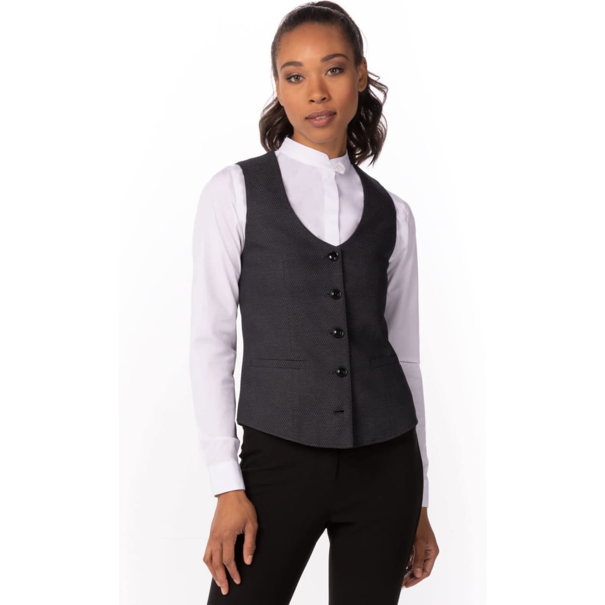 A grey women's vest with buttons, styled over a white shirt, featuring a fitted design. It has a branding logo.