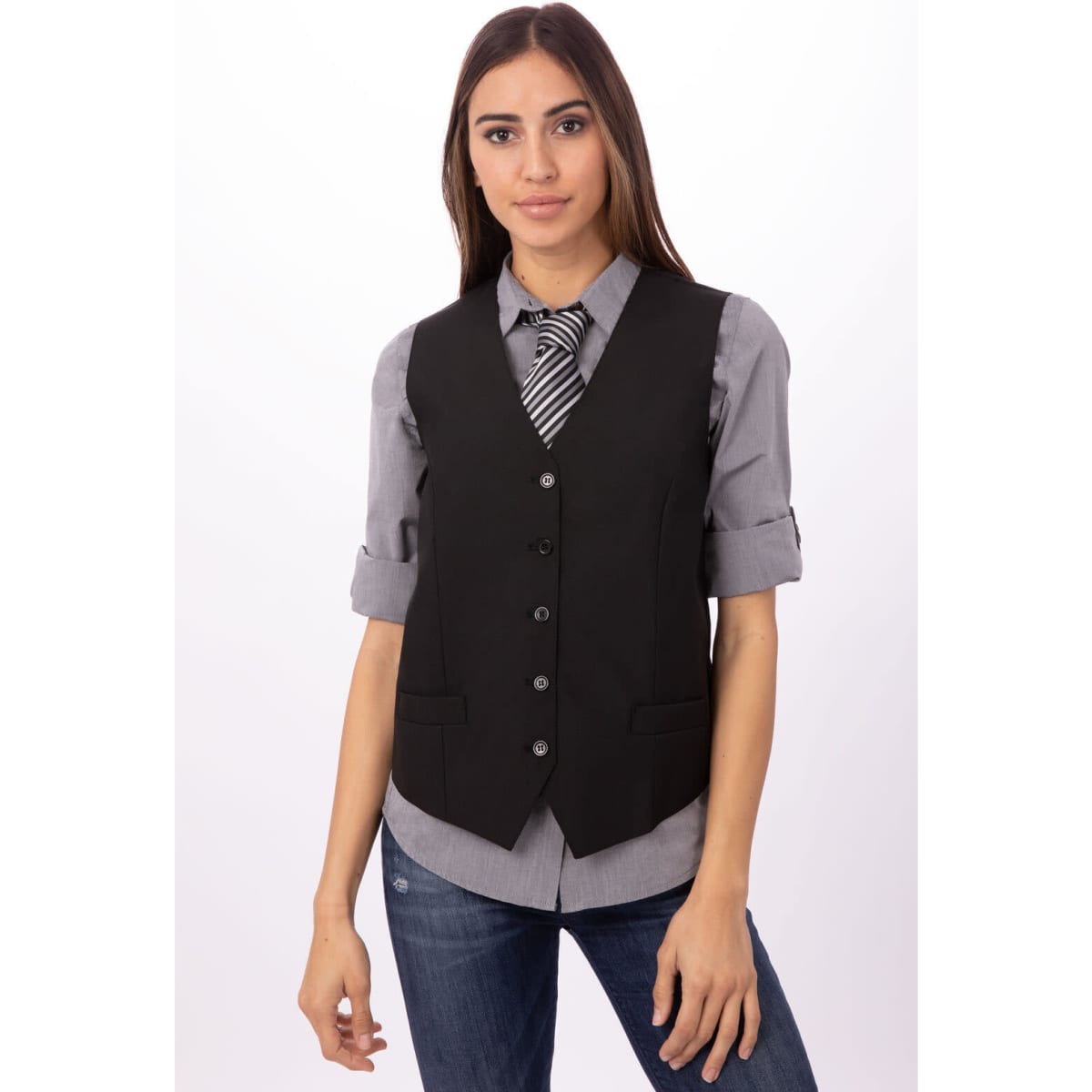 A black women's vest with a tailored fit, featuring a button-up front and worn over a grey shirt.