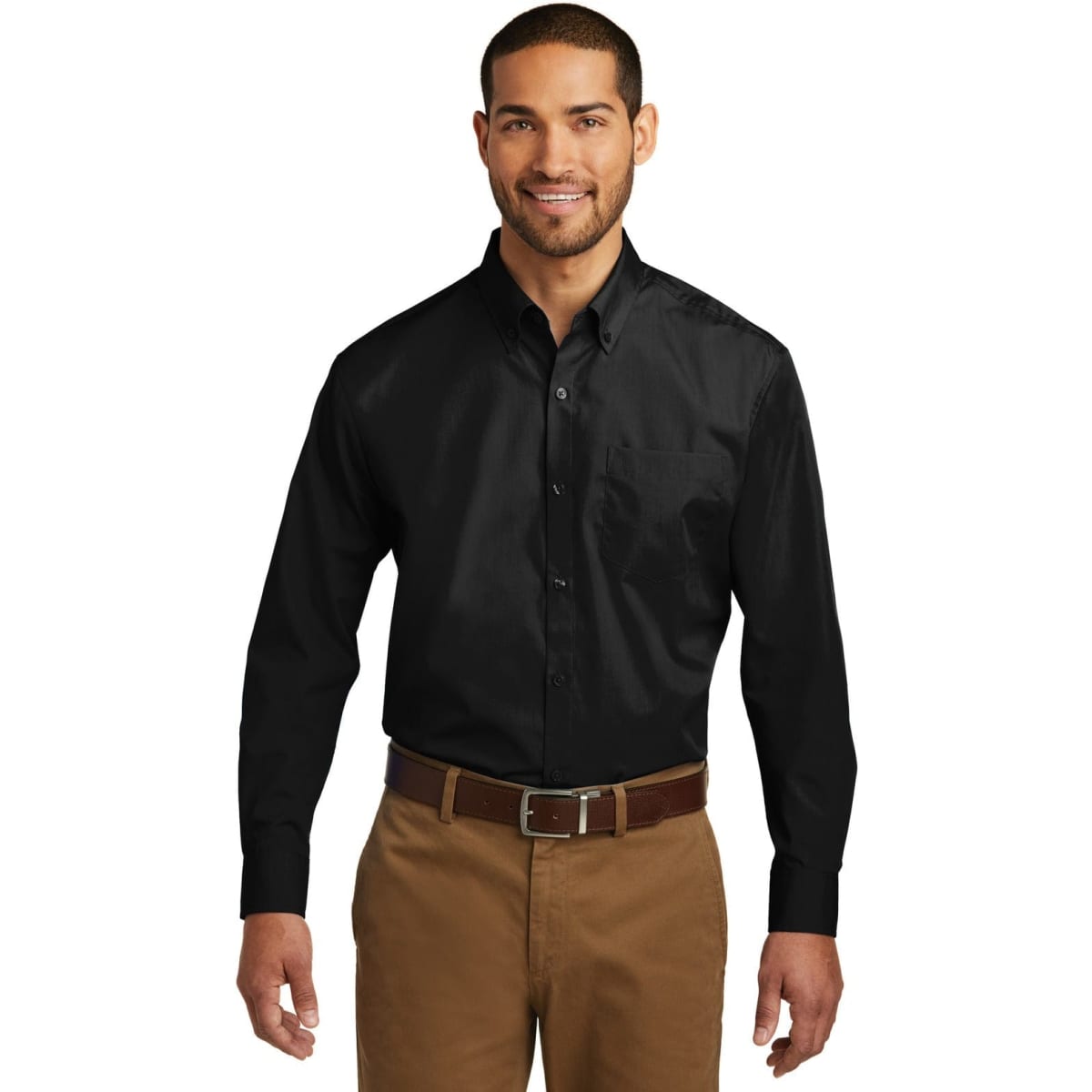 A long sleeve button-up shirt in black, featuring a single chest pocket and a logo.