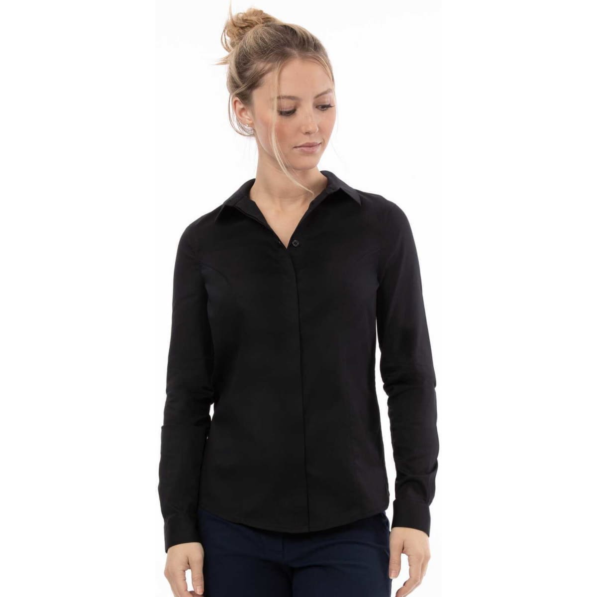 A black button-up women's dress shirt with a collar and long sleeves, featuring a logo on the chest.