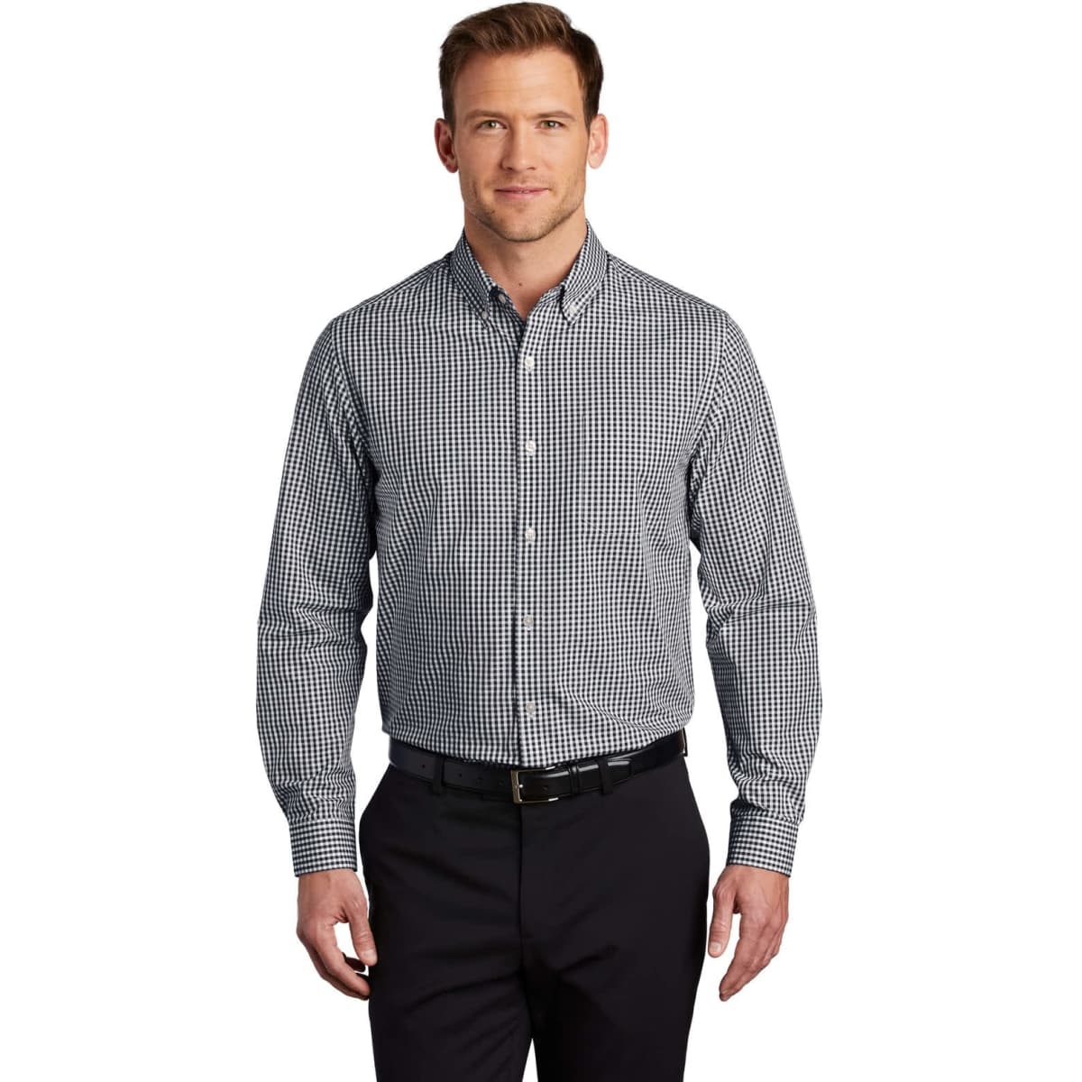 A black and white gingham button-up shirt with a collared neck and long sleeves, featuring a logo.