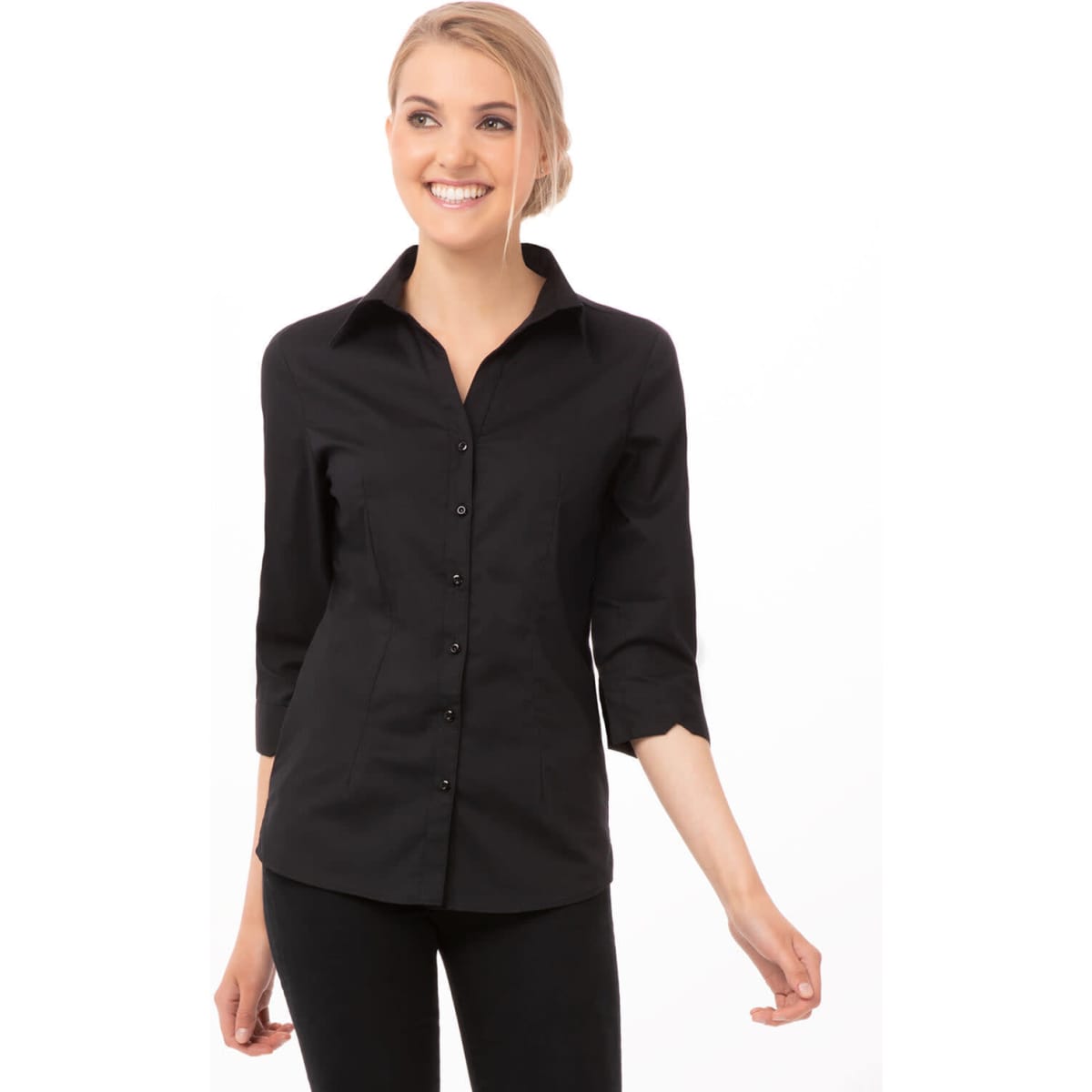 A black button-up women's shirt with three-quarter sleeves and a fitted design, featuring a logo.