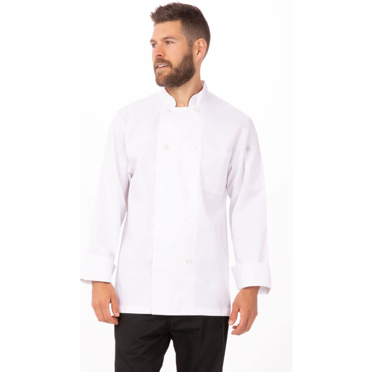 A man wearing a white chef jacket with long sleeves and a mandarin collar, featuring a logo.