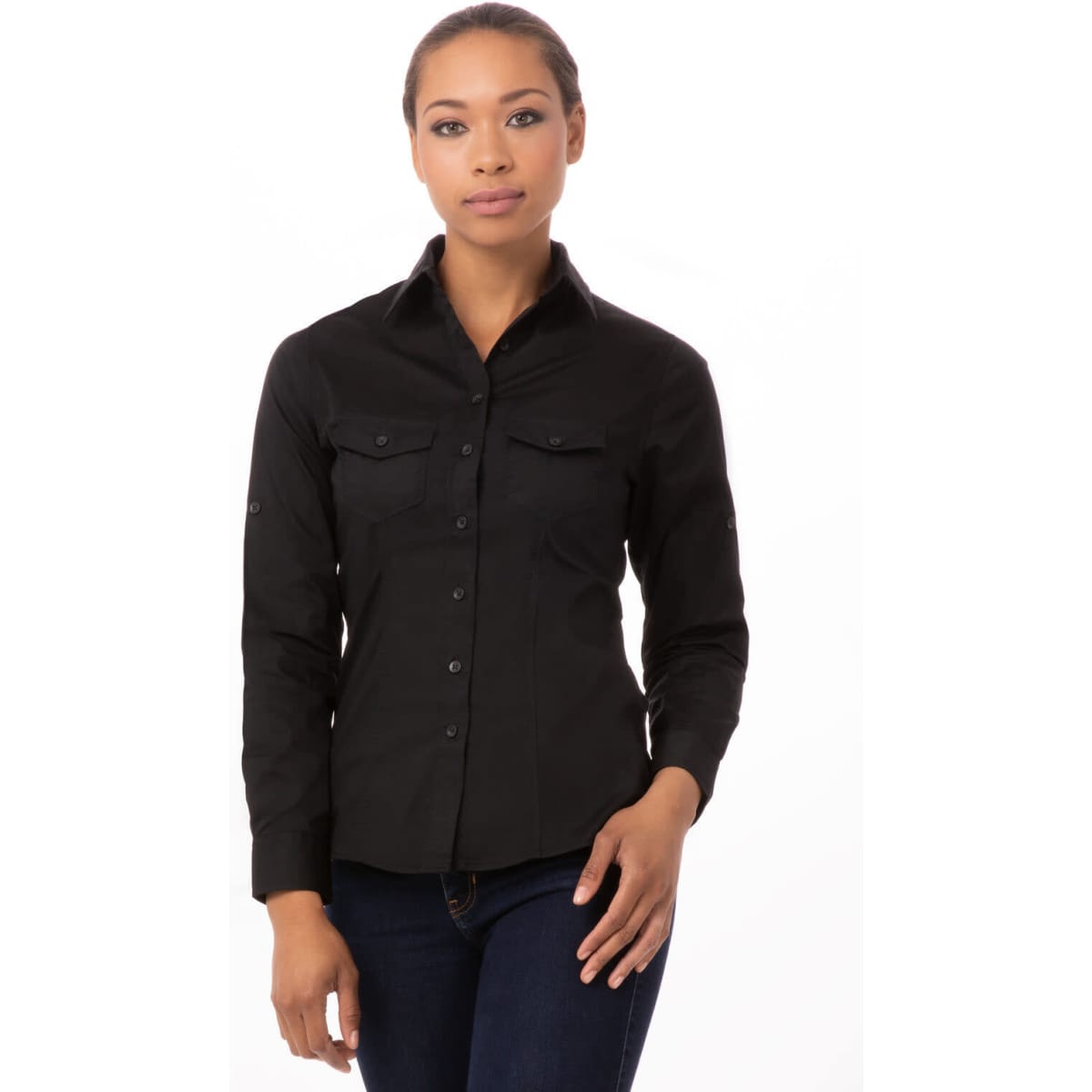 A black button-up women's shirt with long sleeves and chest pockets, featuring a logo.