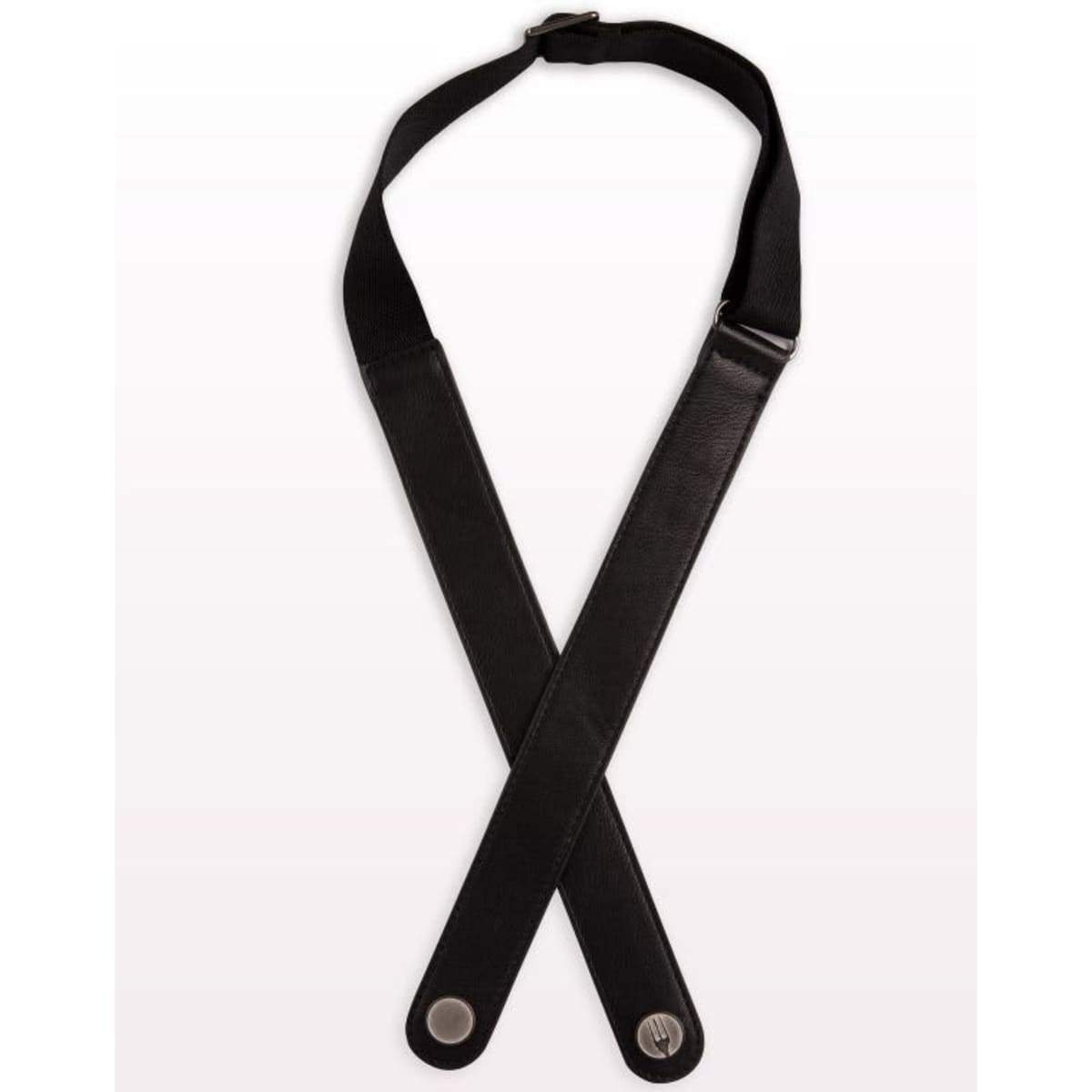 A black apron neck strap with adjustable lengths and a logo, designed for workwear use.