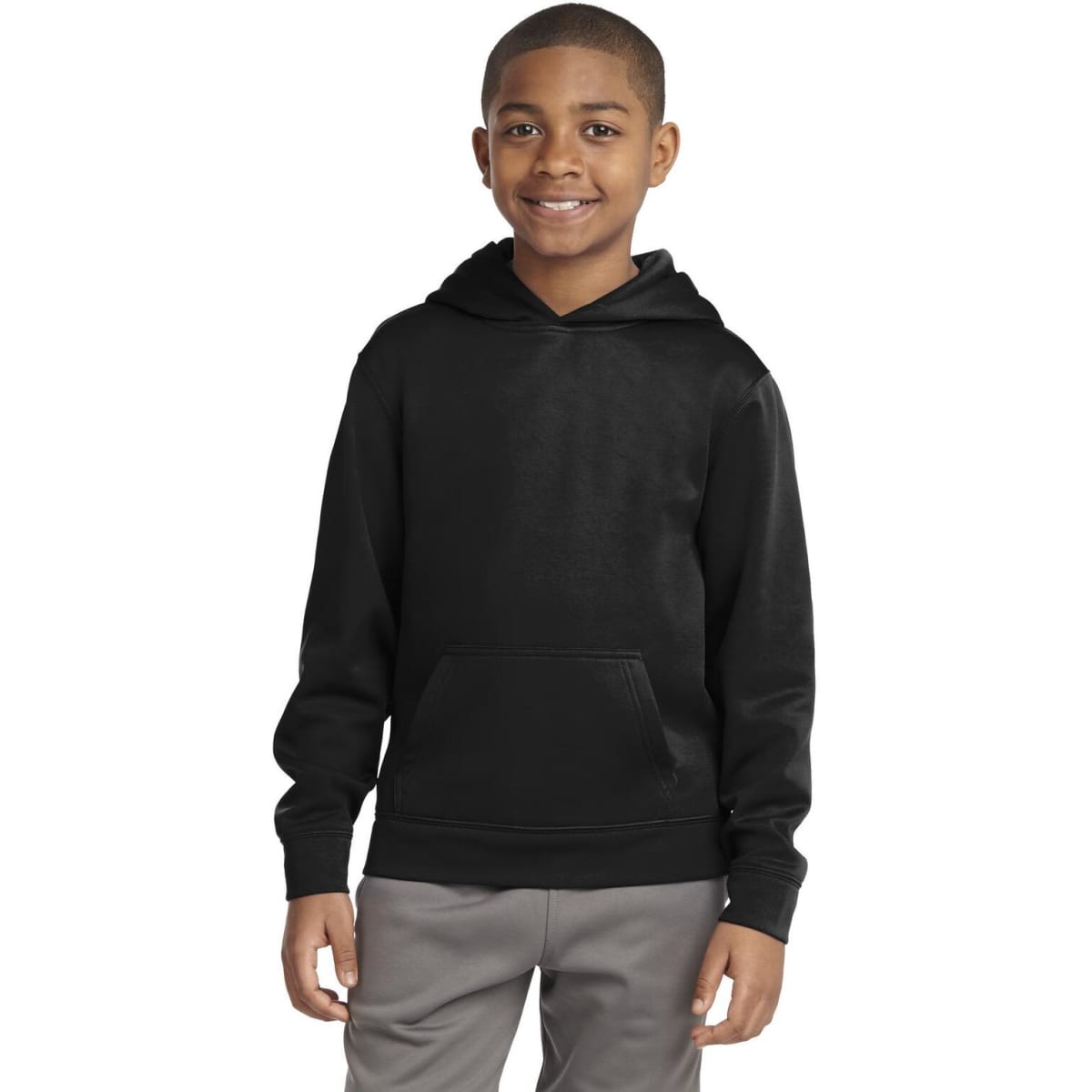A black hooded pullover featuring a front pocket and a logo, designed for youth.