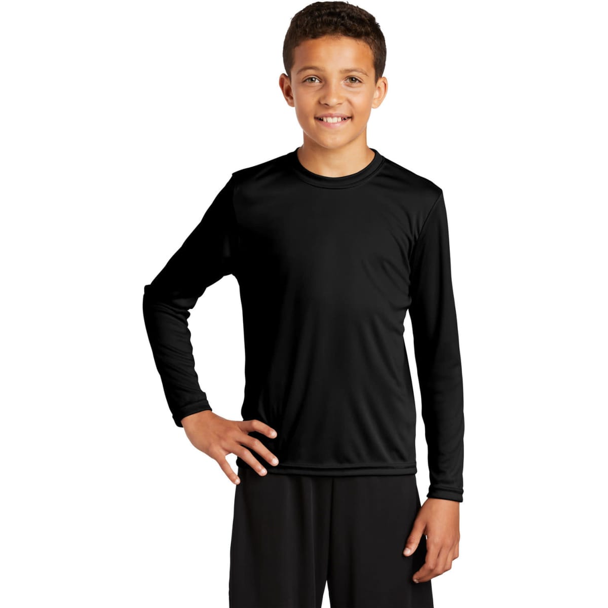 A youth long sleeve t-shirt in black, featuring a crew neckline and a branded logo.