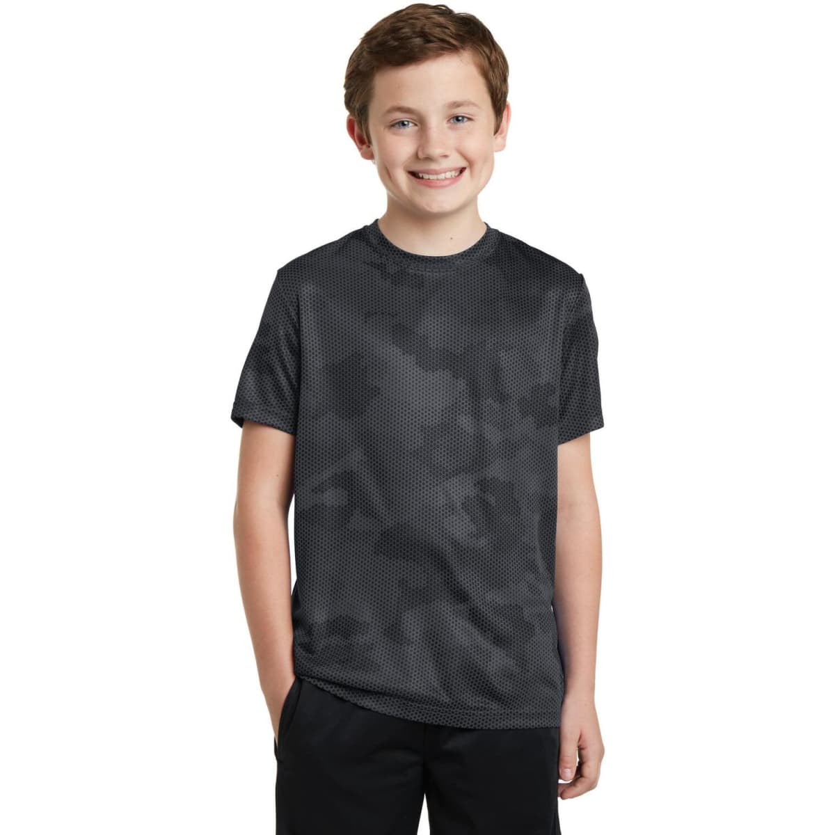 A youth t-shirt in black camo pattern, featuring a logo, perfect for casual wear.