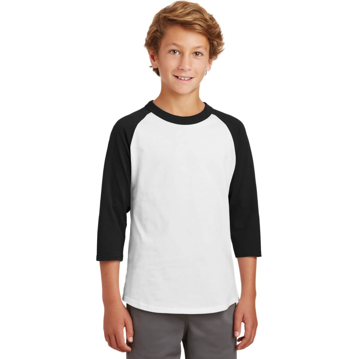 A youth raglan jersey featuring a white body and black three-quarter sleeves. The shirt has a logo on it.